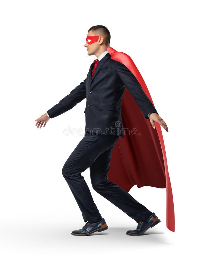 Ein Superheld In Einem Anzug Und In Einem Roten Kap Die Seine Balance Auf Einem Unsichtbaren Seil Halten Stockfoto Bild Von Roten Seil