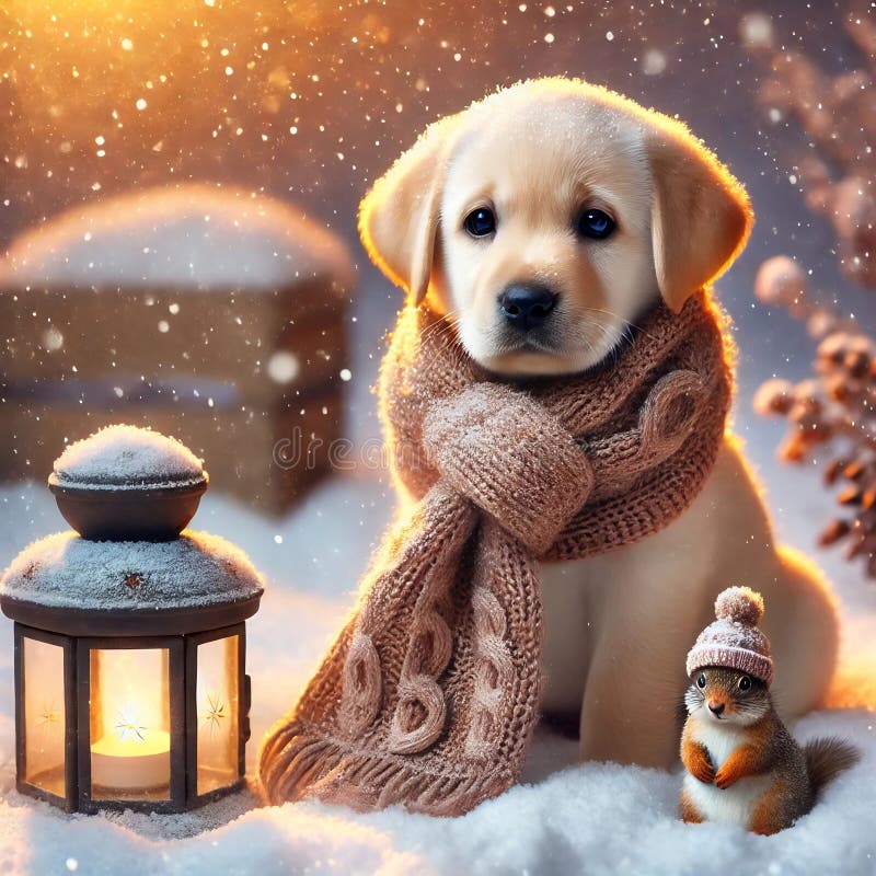 Ein süßer Labrador Welpe, verpackt in einem eleganten Schal und sitzend neben einer Laterne. Ein süßer Labrador Welpe, verpackt in einem eleganten Schal und sitzend neben der Laterne mit Schneeflocken herum. das kleine Eichhörnchen ist mit einem Hut und Handschuhen daneben auch für den Winter verkleidet. Diese Szene schafft eine gemütliche Atmosphäre von schneebedecktem Wetter draußen und Wärme innen mit Fokus auf die Gesichter mit fotorealistischen Techniken und warmer Beleuchtung
