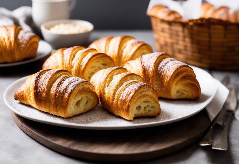 Ein süßes Erwachen : köstliche, frisch gebackene Croissants mit frischem Kaffee vektor abbildung
