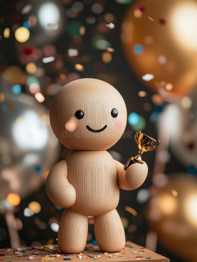 Ein süßes Spielzeug aus Holz, das eine Trophäe in einer festlichen Feier mit Konfetti hält. lizenzfreie stockfotos