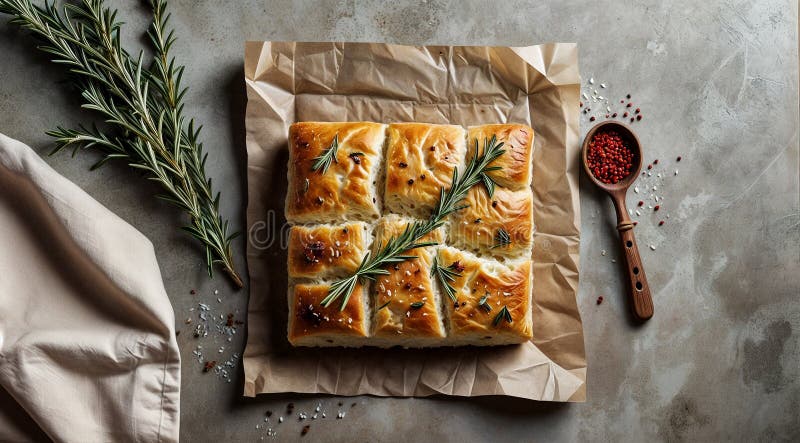 Ein Tablett mit frisch gebackenem Brot mit Kräutern oben. AI generiert vektor abbildung