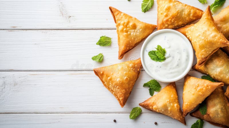 Ein Teller goldenbrauner Samosas rund um eine Schüssel Jogurt mit Minze vektor abbildung