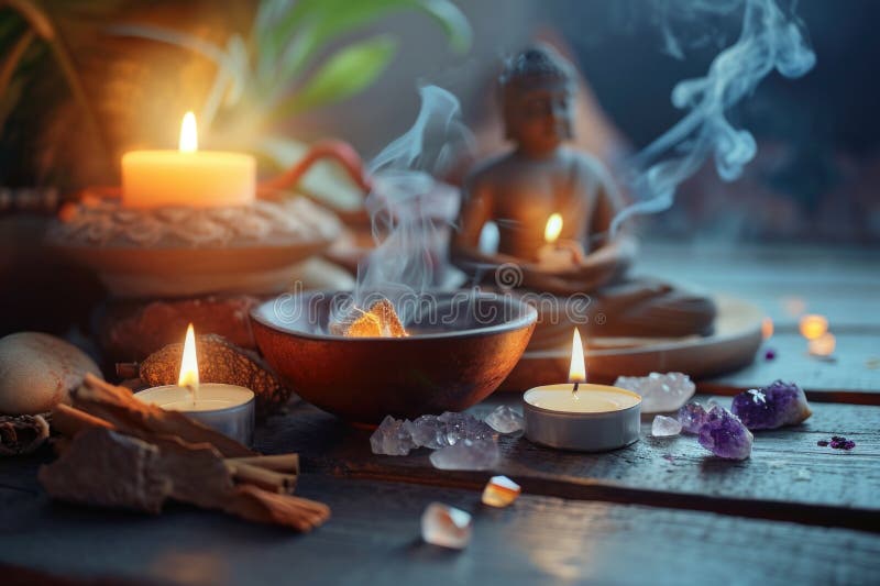 Ein Tisch mit Kerzen und eine ruhige Buddha-Statue. Perfekt um eine beruhigende Atmosphäre zu schaffen oder das Ambiente zu erweit lizenzfreies stockfoto