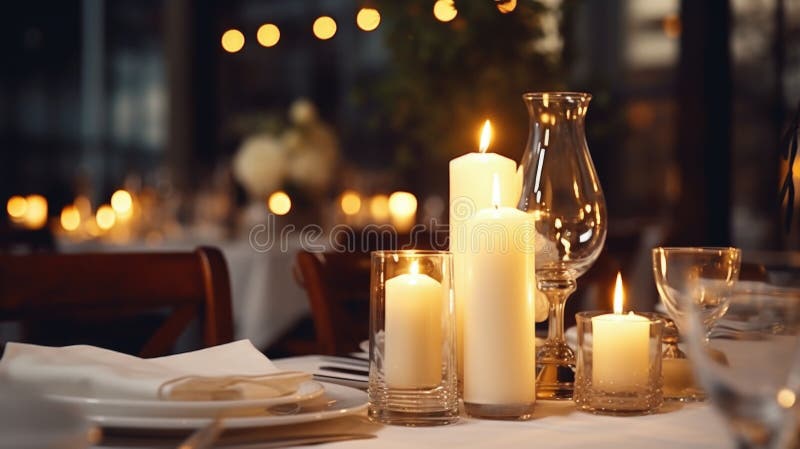 Ein Tisch mit Kerzen und Gläsern. Ideal für eine gemütliche und romantische Atmosphäre lizenzfreies stockfoto