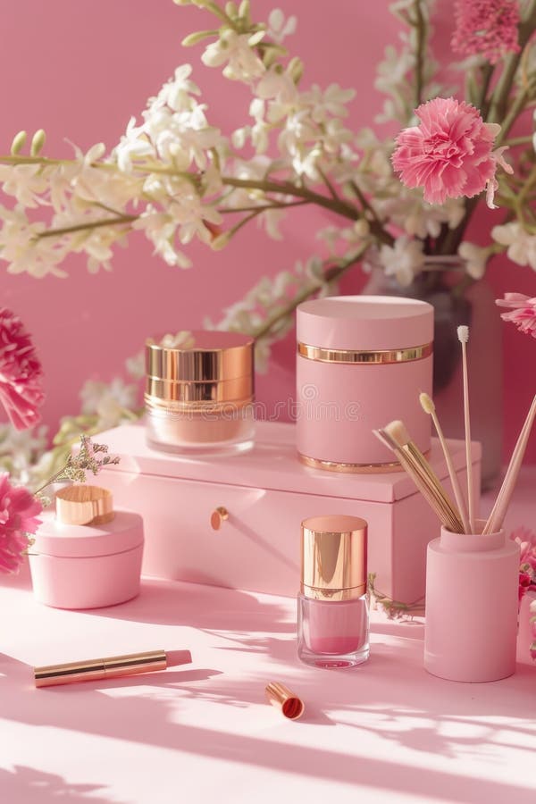 Ein Tisch mit schönen rosa-weißen Vasen, die mit Blumen gefüllt sind. perfekt für Home Decor oder Event Planung stockfotos