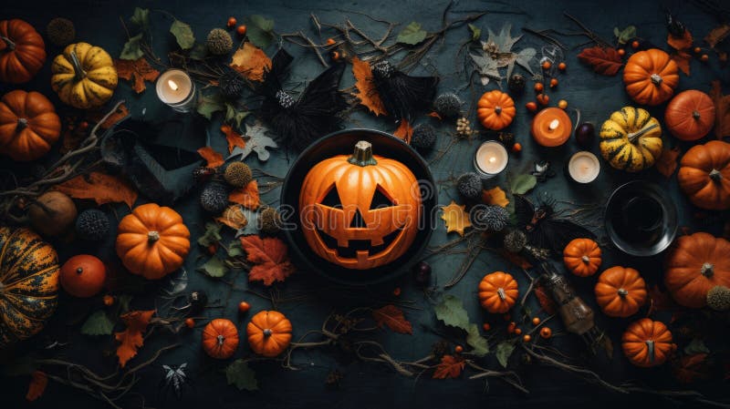 Ein Tisch mit zahlreichen Kürbissen und Kerzen. Perfekt um jedem Herbst eine gemütliche und festliche Note zu verleihen. Perfekt um jedem Herbst oder Halloweeneignis eine gemütliche und festliche Note zu verleihen. AI generiert.