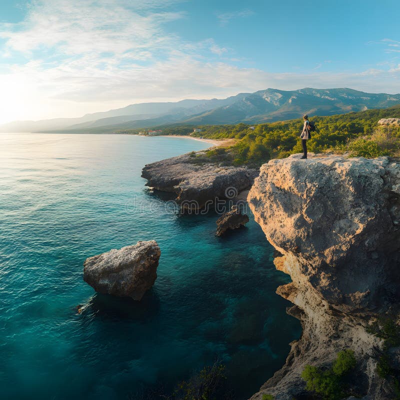 Ein Tourist steht auf einem grünen Hügel auf einer Klippe und blickt auf das klare blaue Meer vektor abbildung