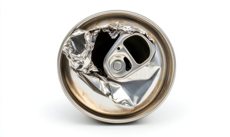 Ein transparenter Hintergrund unterstreicht eine zerbröckelte leere Dose aus Soda oder Bier als entsorgten Abfall. AI generiert