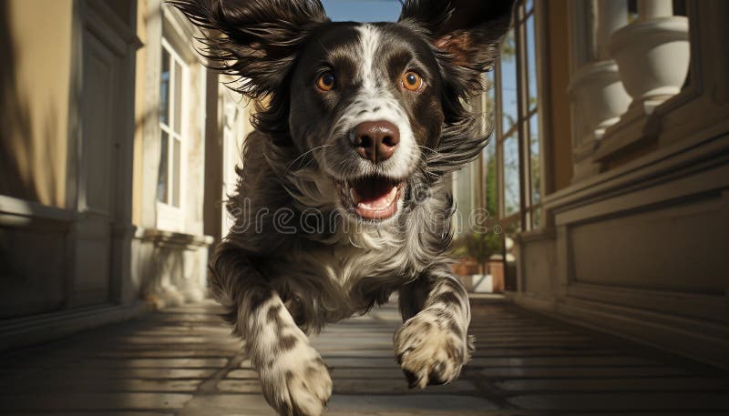 Ein treuer Hund sitzt und schaut sich die Kamera an, mit einer nassen Zunge, die von ai erzeugt wird stockfotografie