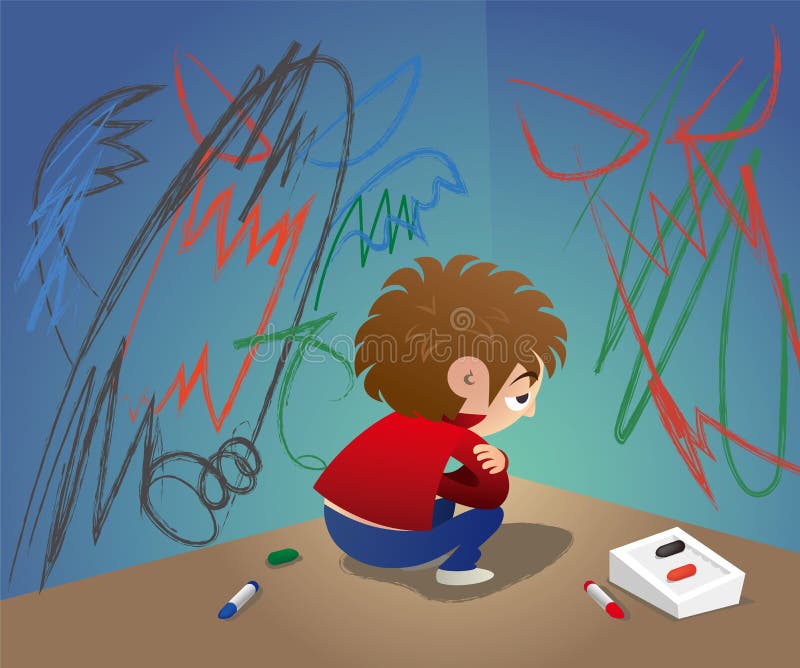 Vector illustration of an unhappy child give vent to his annoyance by drawing graffiti on wall and hide himself at the corner. Vector illustration of an unhappy child give vent to his annoyance by drawing graffiti on wall and hide himself at the corner