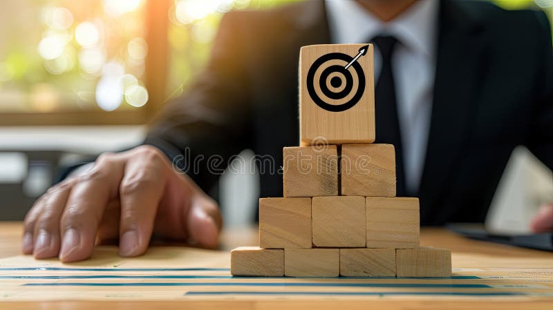 a businessman&#x27;s hand placing a wooden block on a step leading to a building structure, adorned with a target icon, symbolizing strategic advancement and progress within a business plan framework AI generated. a businessman&#x27;s hand placing a wooden block on a step leading to a building structure, adorned with a target icon, symbolizing strategic advancement and progress within a business plan framework AI generated