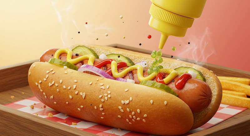 Ein verführerischer Hot Dog mit Senfketchup und einem Tablett zum Verweilen lizenzfreie abbildung