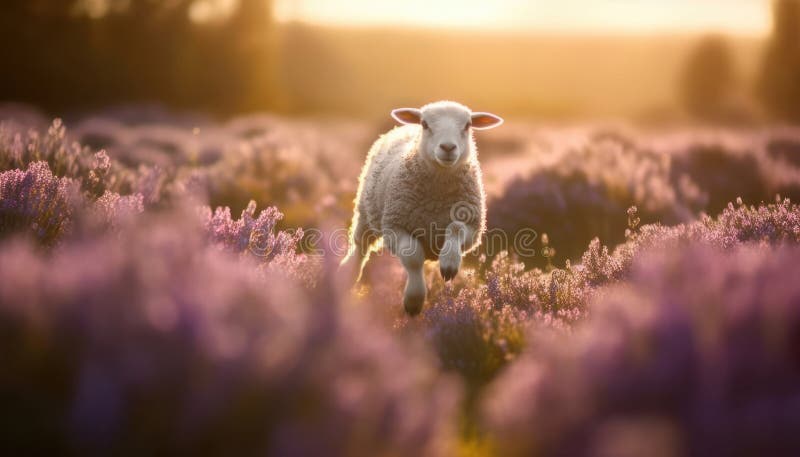 Ein verspieltes Schaf, das freudig auf einer Welle lebendiger Blumen reitet vektor abbildung