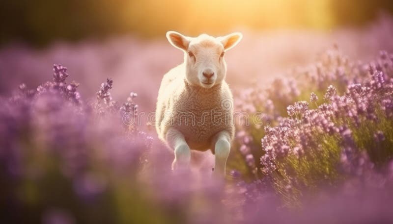 Ein verspieltes Schaf, das freudig auf einer Welle lebendiger Blumen reitet vektor abbildung