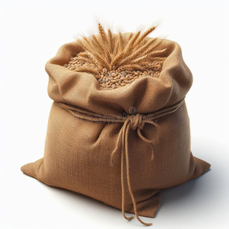 A burlap sack, plump and full, rests against a clean white backdrop, its coarse texture contrasting with the smooth surface. The simplicity of the scene evokes a sense of rustic charm and raw authenticity. The image is generated with the use of an AI. A burlap sack, plump and full, rests against a clean white backdrop, its coarse texture contrasting with the smooth surface. The simplicity of the scene evokes a sense of rustic charm and raw authenticity. The image is generated with the use of an AI.