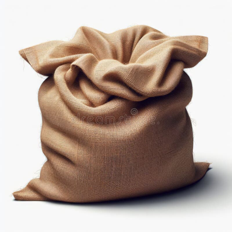 A burlap sack, plump and full, rests against a clean white backdrop, its coarse texture contrasting with the smooth surface. The simplicity of the scene evokes a sense of rustic charm and raw authenticity. The image is generated with the use of an AI. A burlap sack, plump and full, rests against a clean white backdrop, its coarse texture contrasting with the smooth surface. The simplicity of the scene evokes a sense of rustic charm and raw authenticity. The image is generated with the use of an AI.