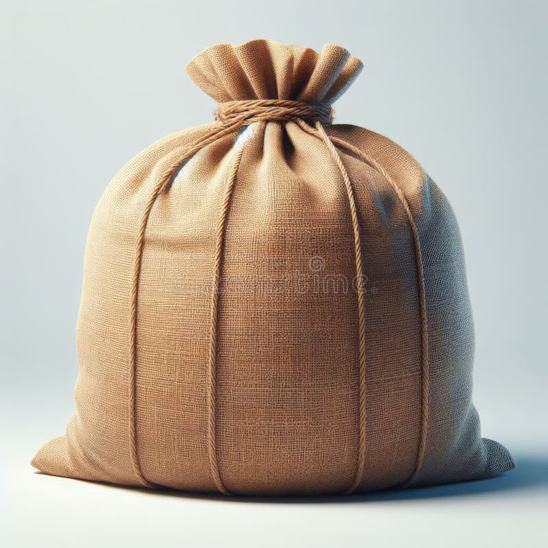 A burlap sack, plump and full, rests against a clean white backdrop, its coarse texture contrasting with the smooth surface. The simplicity of the scene evokes a sense of rustic charm and raw authenticity. The image is generated with the use of an AI. A burlap sack, plump and full, rests against a clean white backdrop, its coarse texture contrasting with the smooth surface. The simplicity of the scene evokes a sense of rustic charm and raw authenticity. The image is generated with the use of an AI.