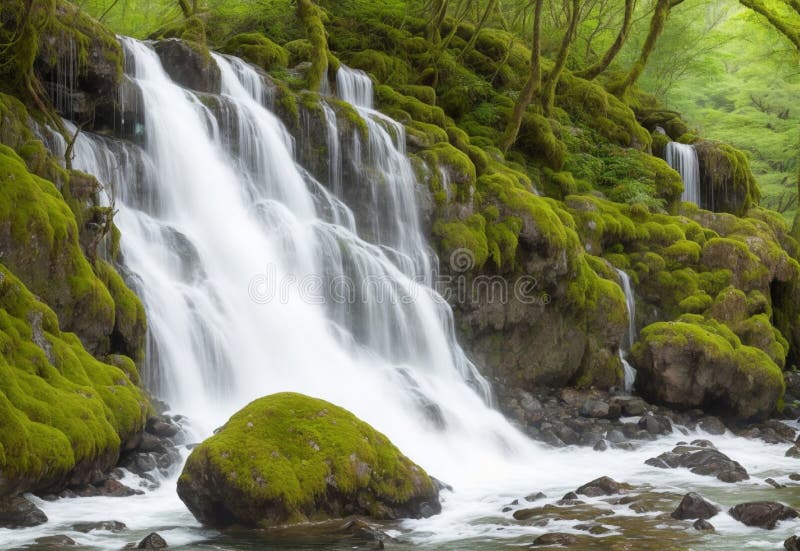Ein Wasserfall mit Kaskaden, umgeben von Mosaiksteinen, dessen weißes Wasser über den Rand ragt. generierte ai