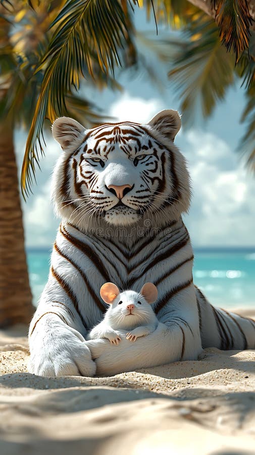 Ein weißer Tiger Panthera tigris tigris mit auffallend schwarzen Streifen Lounges auf einem Sand vektor abbildung