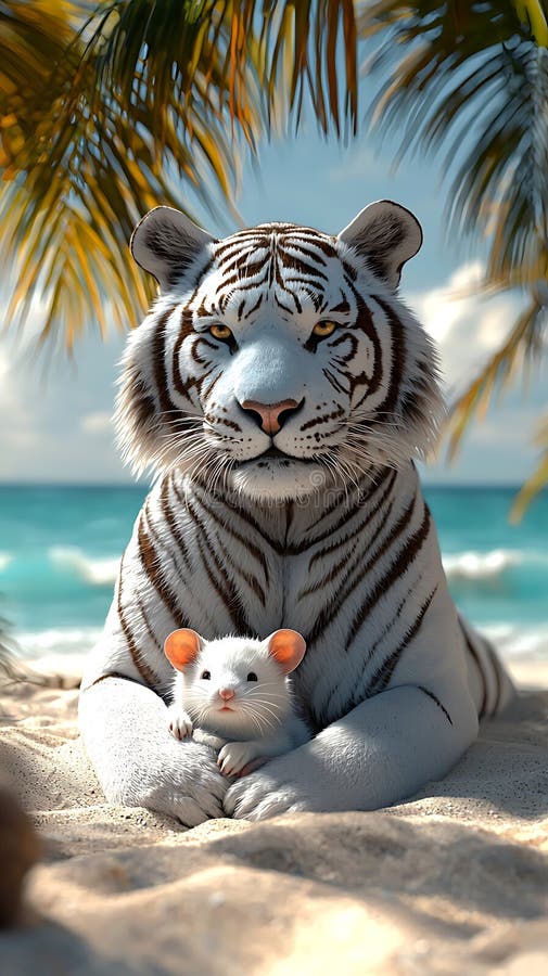 Ein weißer Tiger Panthera tigris tigris mit auffallenden schwarzen Streifen rekliniert auf einem Sand vektor abbildung