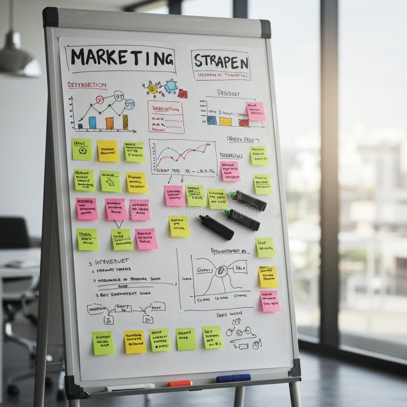 Ein weißes Flip-Chart in einer Büroumgebung mit einer Vielzahl handgeschriebener Notizen und vektor abbildung