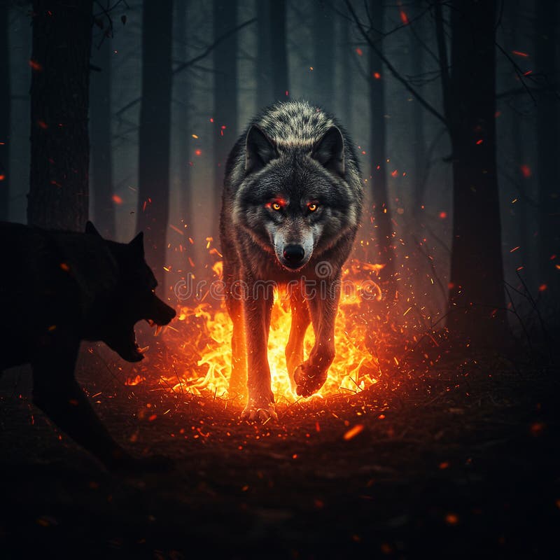 Ein Wolf mit leuchtenden roten Augen taucht aus einer feurigen Flamme in einem dunklen Wald hervor. Die stock abbildung