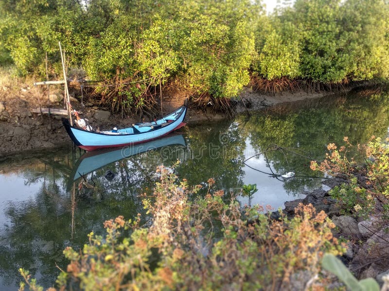 Ein wunderschönes Boot, das am Sumpf in Aceh festgemacht wurde lizenzfreie stockfotografie
