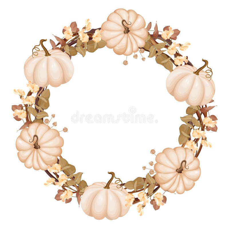 Ein zarter Herbstkranz aus beigen Kürbiskuinen, weiche Blüten und neutralisierende Blätter. Vektorgrafik. stock abbildung