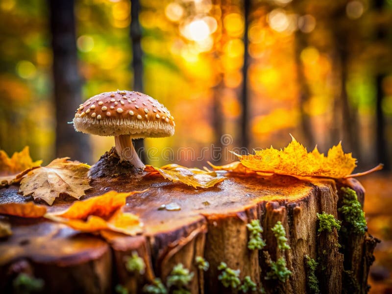 Ein zarter Tanz des Verfalls, der das unerwartete Blühen des Pilzes auf altem Brot in einem goldenen Herbstwald erkunden kann vektor abbildung