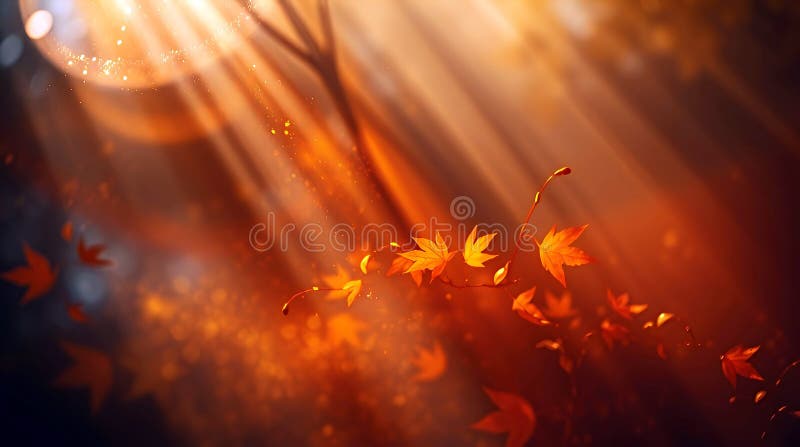 Ein zartes Herbstfoto, das beleuchtete Ahornblätter einfängt und in goldenen Sonnenstrahlen durch einen zauberhaften Wald tanzt stock abbildung