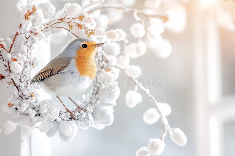 Ein zauberhafter Vogel ruht auf einem schneebedeckten Kranz, der die Ruhe und Schönheit des Winters verkörpert und zart umarmt lizenzfreie stockfotografie