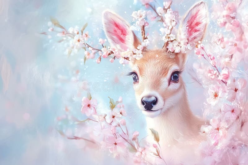 Ein zauberhaftes junges Hirschpanorama inmitten einer zarten Blüte in einer ruhigen Frühlingsatmosphäre lizenzfreies stockfoto