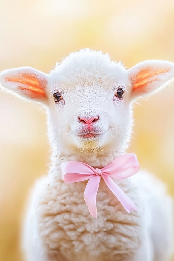 Ein zauberhaftes Lamm steht stolz in einem sonnendurchfluteten Feld mit einem zarten rosa Band, das Unschuld und Charme ausstrahlt lizenzfreie stockfotografie