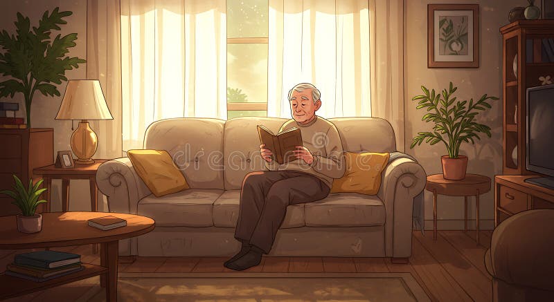 Ein älterer Mann sitzt bequem auf einem beigefarbenen Sofa und liest ein Buch, umgeben von lizenzfreie abbildung