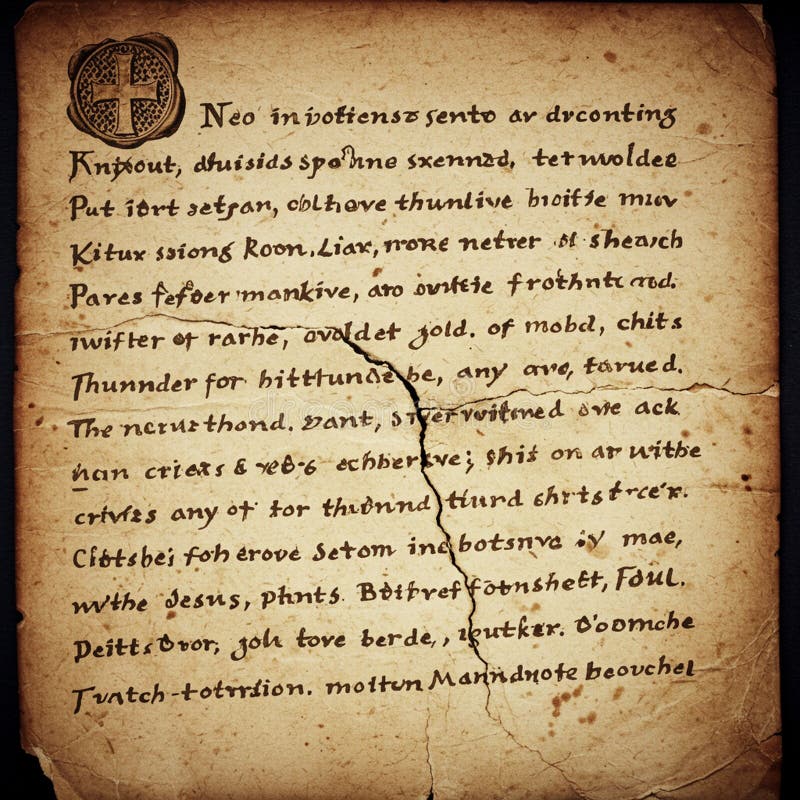 Ein älteres Pergament, das Text in einem antiken Skript zeigt, das an alte englische oder mittelalterliche Manuskripte erinnert. Das Papier ist gelblich strukturiert und zeigt Verschleißzeichen wie Falten und Risse. In der linken oberen Ecke ähnelt ein verziertes Design einem dekorativen Siegel oder Emblem mit einem Kreuzmotiv. Der Text scheint in einer archaisch stilisierten Schrift geschrieben zu werden, die zu seinem historischen Aussehen beiträgt. Der Gesamteffekt erinnert an das Aussehen alter handgeschriebener Dokumente.