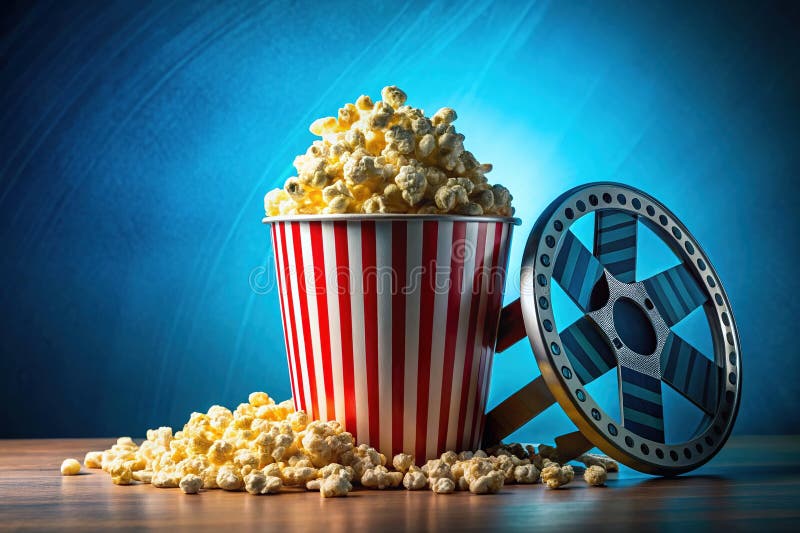 Ein überlaufener Popcorneimer : ein Retro-Kinoabendleben, das perfekt für Filmabendplakate geeignet ist lizenzfreie abbildung