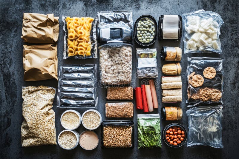 Eine Abbildung eines Lebenslebensfutterkits zeigt kompakte versiegelte Packungen mit Getreidekonserven und Kalorienfutter lizenzfreies stockbild