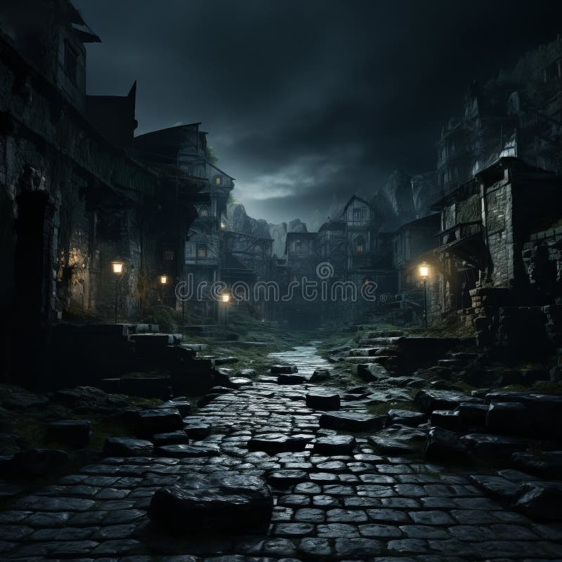 an old city street with cobblestones and lights at night generative ai. an old city street with cobblestones and lights at night generative ai