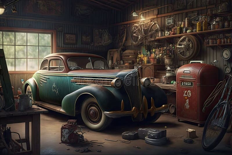 Eine Altmodische Garage Mit Klassischen Autos, Alten Werkzeugen Und Anderen  Denkmälern. Stock Abbildung - Illustration von festgelegt, garage: 272366695