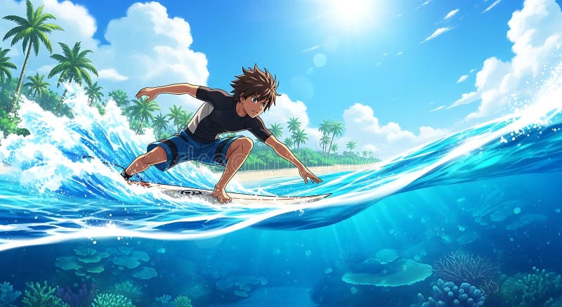 Eine animeartige Szene zeigt einen jungen männlichen Surfer, der eine lebhafte Welle ausreitet vektor abbildung