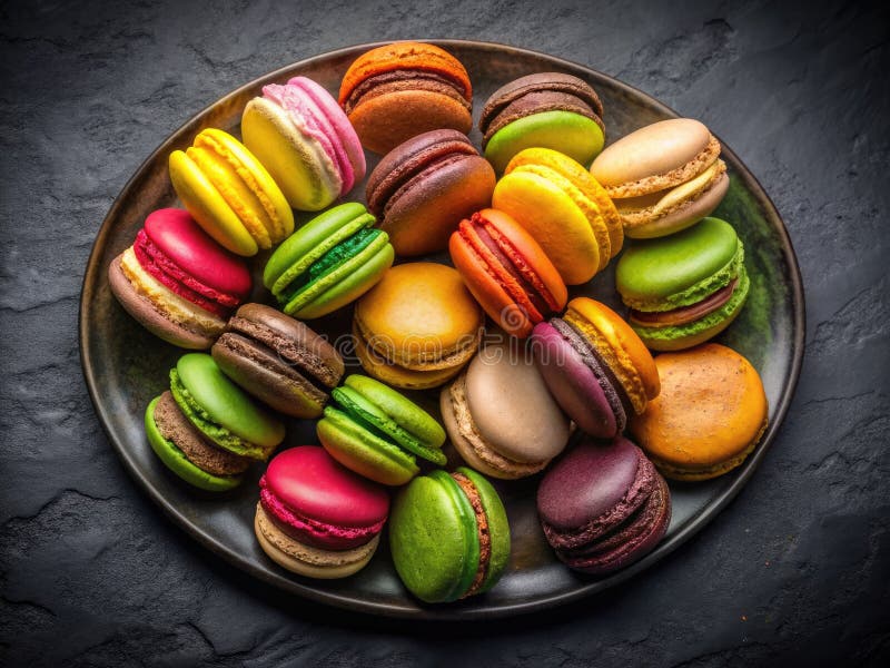 Eine atemberaubende Aussicht auf die französischen Macarons auf einem dunklen Teller, um die süße Konditorei zu feiern. stock abbildung