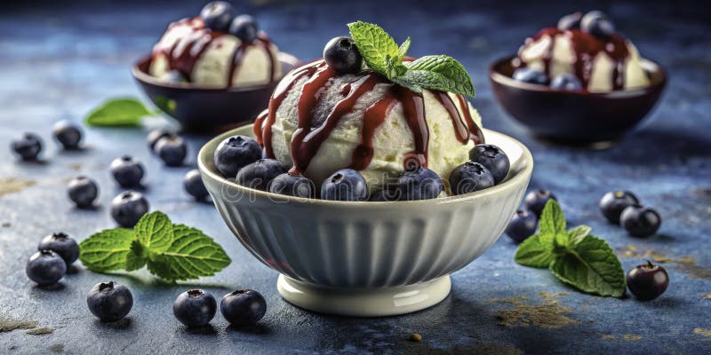 Eine atemberaubende Bowl of Blueberry Cheesecake Ice Creme Ein Sommer Delikates Dessert Experte und bewundernd lizenzfreie abbildung