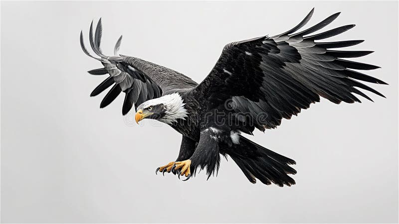 Eine beeindruckende Schwarz-Weiß-Illustration eines Adlers mit vollständig ausgebreiteten Flügeln, der auf seine Beute zustürzt. stock abbildung
