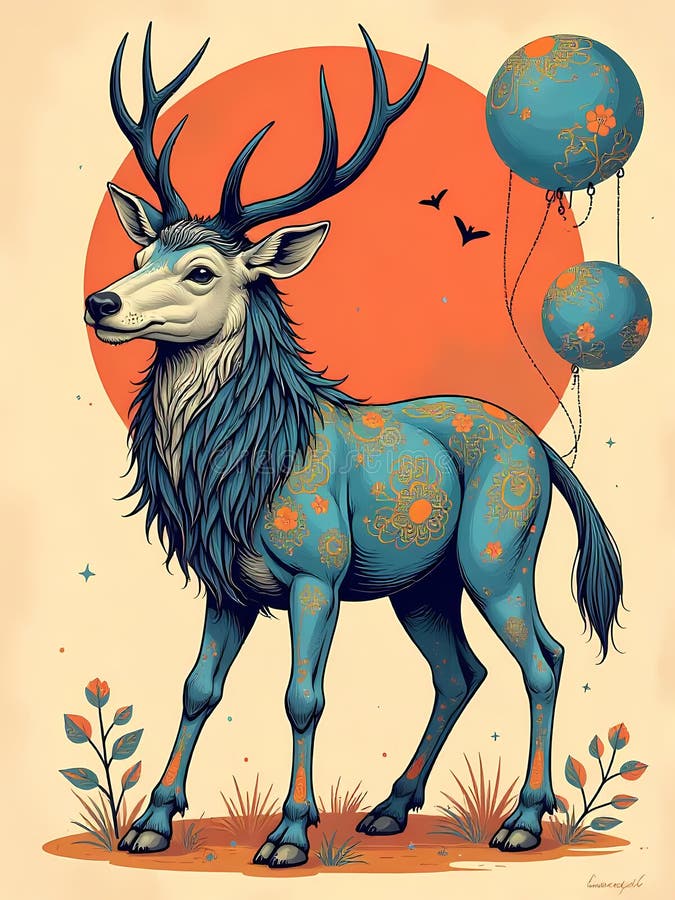 Eine bezaubernde Illustration eines blauen Hirsches mit Blumenmustern und Ballons vektor abbildung