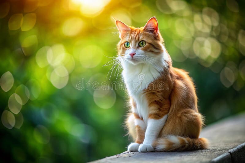 Eine bezaubernde rot-weiße Katze mit majestätisch drapiertem Schwanz posiert vor einer neutralen grauen Wand und fängt ein stock abbildung