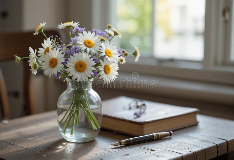 Eine Blumenvase sitzt neben einem Buch und einem Stift auf einem Tisch stock abbildung
