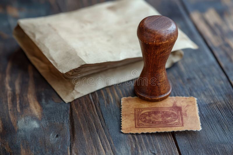 Eine Briefmarke ist auf einem Stück Papier und liegt neben einem braunen Umschlag stock abbildung