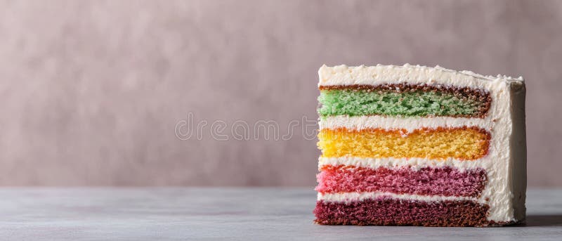 Eine bunte Scheibe Regenbogenkuchen mit Frost. Erstellt mithilfe von Generative AI Tools.