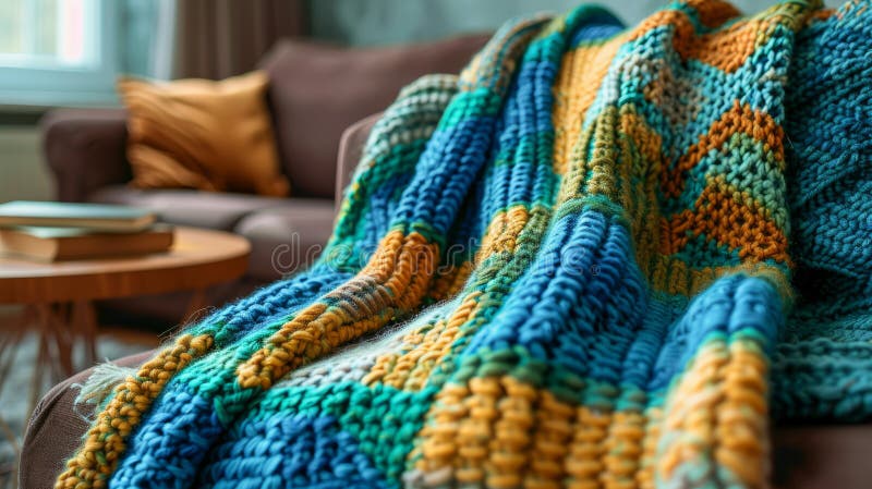 Eine bunte Strickdecke auf einem Sofa stockfotos