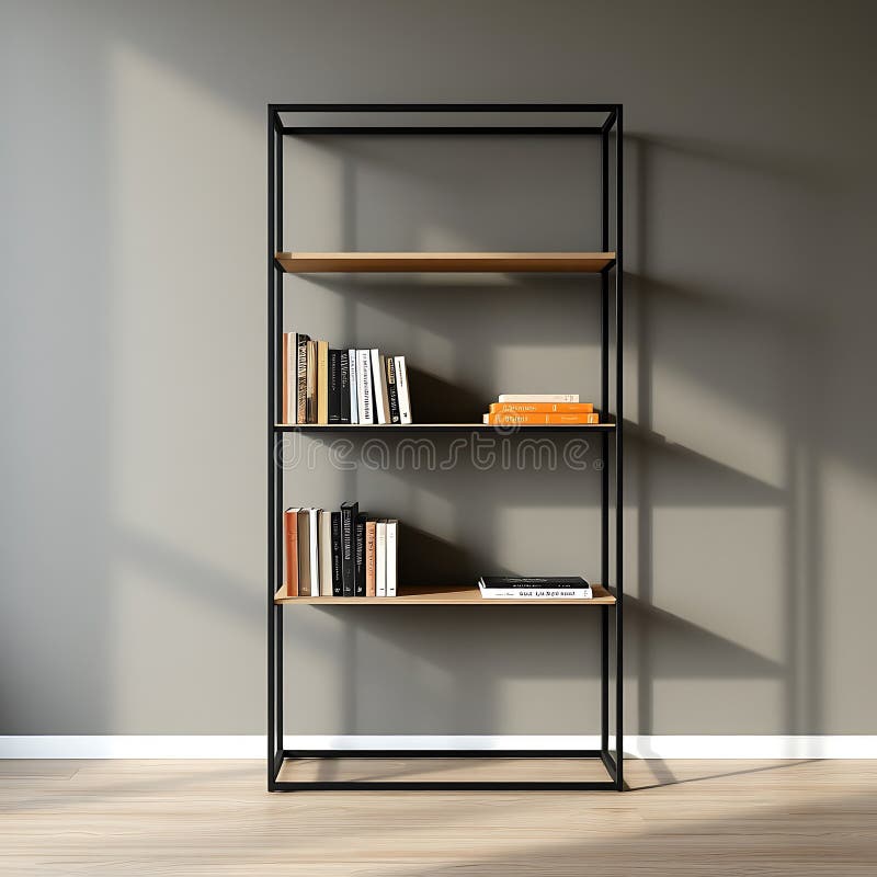 Eine Bücherregale, minimalistisch aus mattschwarzem Metall und hellem Aschenholz stock abbildung